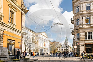 Lviv, Ukraine. October 2019. The beautiful streets of the old city with tram tracks on a Sunny day, the view of the Market square