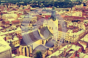 Lviv, Ukraine old city top view panorama with Latin Cathedral