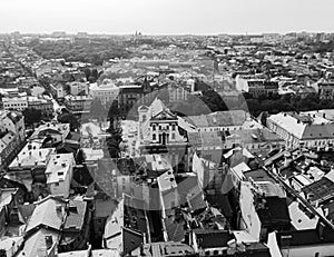 Lviv, a view of the crushes, black and white photo. Roofs of Lviv, Ukraine, Black and white Lviv Ukraine. The city in