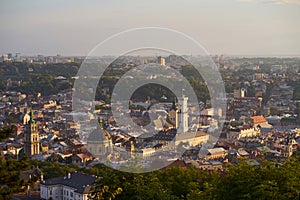 Lvov in sunset light, view from hill