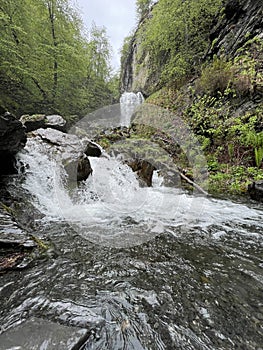 Lyazhginsky waterfall in the spring forest. Cascading waterfall drowning in greenery. Splashes of water. The water flows