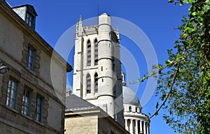 Lycee Henri IV Clovis Bell Tower with the Pantheon Dome from Rue Descartes. Paris, France.