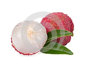 lychee fruit with leaf isolated on white