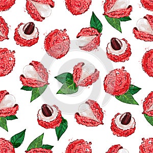 Lychee fruit seamless pattern. Exotic fruit Litchi on a white background. Vector illustration