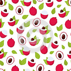 Lychee fruit seamless pattern on white background