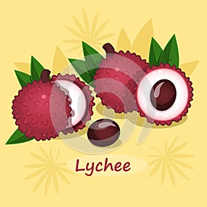 Lychee with green leafs on yellow background