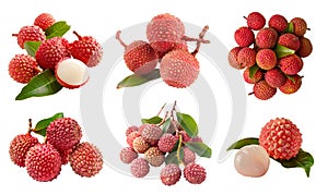 Lychee litchi lichee fruit, many angles and view side top front group peel halved isolated on transparent, PNG photo