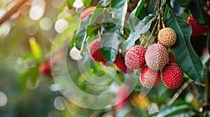 lychees close-up on the tree. selective focus