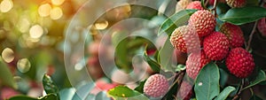lychees exotic fruit close-up on the tree. selective focus