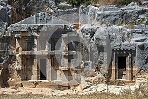 A Lycian rock-cut tomb at the ancient site of Myra at Demre in Turkey.