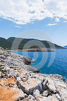 Lycian way hiking and trekking route with sea view in Turkish Mediterranean area , Antalya, Turkey.
