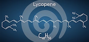 Lycopene molecule. Structural chemical formula on the dark blue background