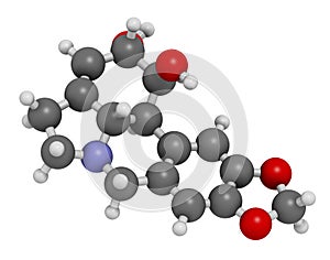 Lycorine alkaloid molecule. Found in Amaryllidaceae plants, including lilies and daffodils. 3D rendering. Atoms are represented as