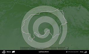 Lyelchytsy District outlined, Belarus. Physical
