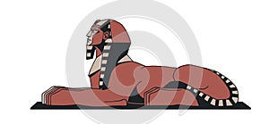 Lying ancient Egyptian sphinx, for tourist logo or emblem, symbol of Egypt, lion with human head