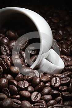 Lying coffee cup with coffee beans