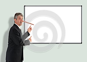 Lying dishonest businessman with growing Pinocchio nose pointing to blank white board photo