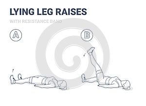 Lying Leg Raises or Lifting with Resistance Band Home Workout Exercise Guidance Illustration.