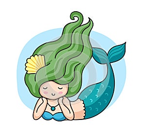 Lying mermaid with green wavy hair.