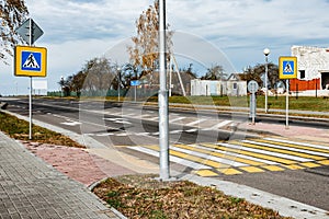 `Lying policeman` with marking of pedestrian crossing on the road in city. Road zebra crossing with speed bump.