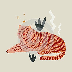 Lying tigress in the jungle. Wild cat, cartoon animal. Isolated elements. Vector illustration