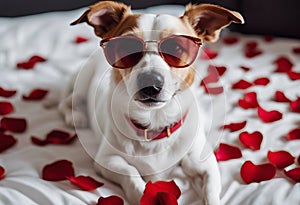 lying tongue wearing while rose full dog russell sticking sunglasses petals love bed out Jack background