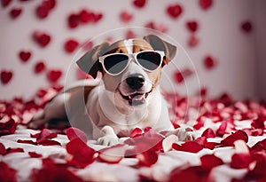 lying tongue wearing while rose full dog russell sticking sunglasses petals love bed out Jack background