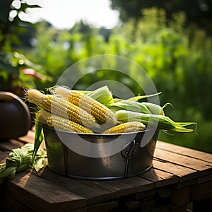 Lying on a wooden table broken cobs, corn, smeared background of the field. Corn as a dish of thanksgiving for the harvest