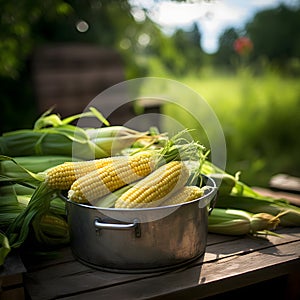 Lying on a wooden table broken cobs, corn, smeared background of the field. Corn as a dish of thanksgiving for the harvest