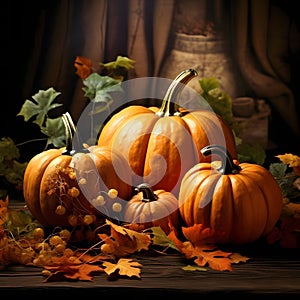 Lying on a wooden tabletop 3D pumpkins and autumn leaves and hops. Pumpkin as a dish of thanksgiving for the harvest