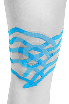 Lymphatic knee technique, two fan strips. Kinesiology Tape in si