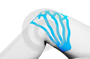 Lymphatic knee technique, two fan strips. Kinesiology Tape in si