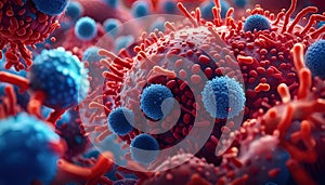 Lymphocytes cell in the immune system reacting and attacking a spreading cancer cell - illustration