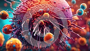 Lymphocytes cell in the immune system reacting and attacking a spreading cancer cell - illustration