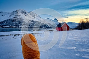 Lyngenský fjord a hora v severnom Nórsku s údeným ovčím kravským syrom