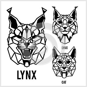 Lynx and cats - animal heads icons. Vector geometric illustrations of wild life animals.