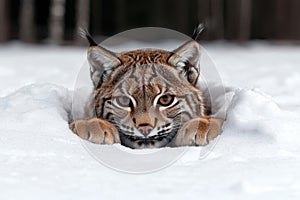Lynx hiding in the snow