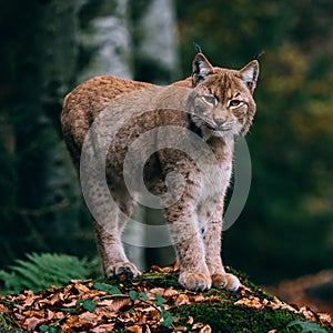 Lynx on a rock, standing in forest