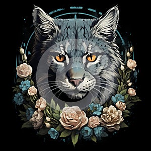 the lynx is surrounded by flowers on a black background