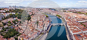 Lyon city aerial panoramic view, France