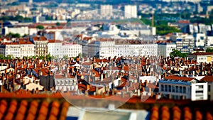 Lyon city bird-fly view in tilt-shift