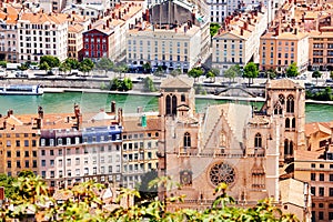 Lyon cityscape with Saint Jean Cathedral, France