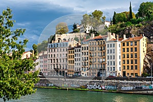 Lyon cityscape from Saone river with colorful houses and river, France, Europe