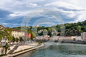 Lyon cityscape from Saone river with colorful houses and river, France, Europe