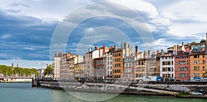 Lyon cityscape from Saone river with colorful houses and river, France, Europe