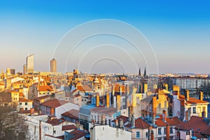 Lyon, France. Aerial view of the tiled rooftops and chimneys of the old town.