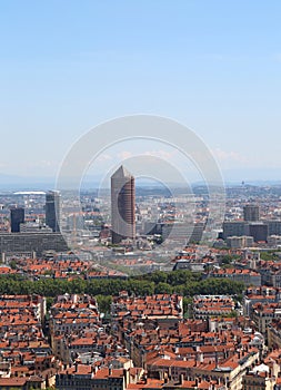 Lyon, France - August 16, 2018: city and the high skyscrapers ca