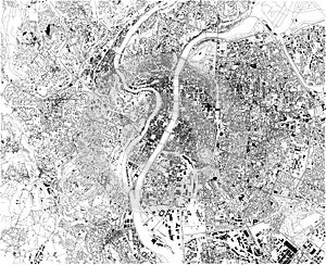 Lyon map, satellite view of the city, streets and houses, France