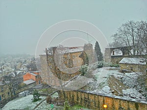 Lyon old town in the moment of snow fall, Lyon old town, France