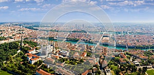 Lyon panorama with Fourviere basilica, Part-Dieu city center Rhone and Saone rivers, France. Aerial view of famous touristic